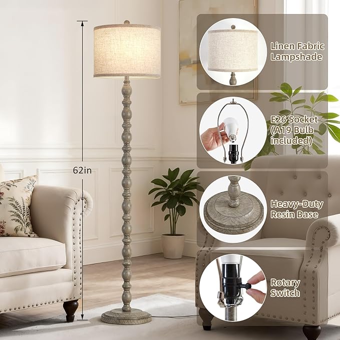 62" Floor Lamps for Living Room,3 Color Temperature Retro Standing Lamp, Vintage Farmhouse Floor Lamp with Rotary Switch, Rustic Resin Tall Lamps for Living Room, Bedroom, Office, Corner(Light Gray) - Bloomnest