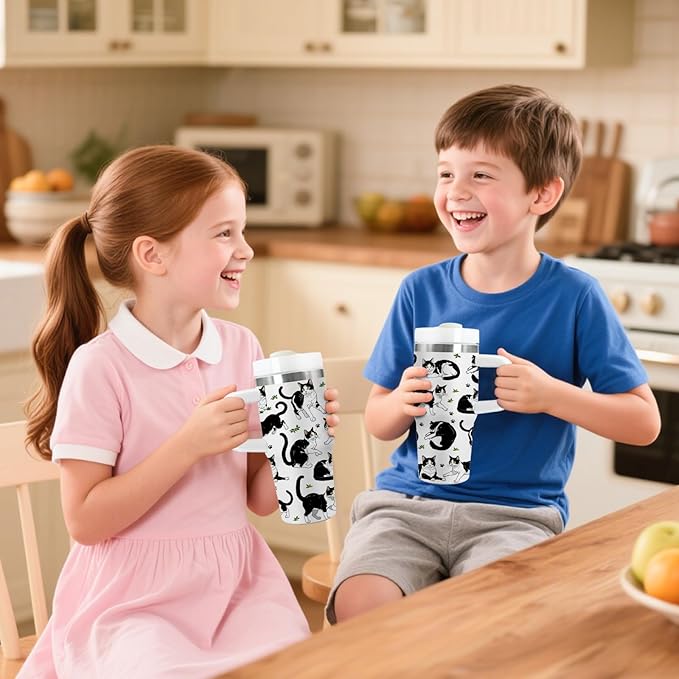 Cat Gifts for Kids - 14oz Cute Cow Cat Tumbler with Handle and Straw, Stainless Steel Insulated Water Cup, Leak Proof, for Sport, School, Travel - Cow Cats Lovers Children Birthday Gifts Cups(1pc) - Bloomnest
