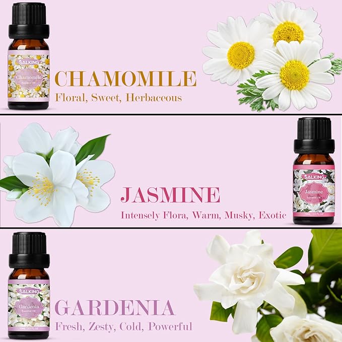 SALKING Floral Essential Oils Set, Premium Pure and Natural Essential Oils, Fragrance Oil Scented Oils for Oil Diffusers 6 x 10 ML - Lavender, Rose, Jasmine, Cherry Blossom, Gardenia, Chamomile - Bloomnest
