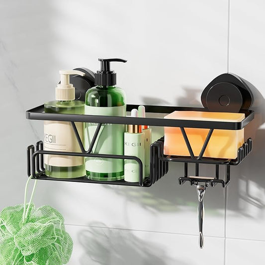 KEGII Shower Caddy Suction Cup with Soap Holder and Hooks, Removable Suction Bathroom Organizer Shelf, No Drilling Shower Organizer, Stainless Steel Shampoo Holder for Bathroom Storage, Black - Bloomnest