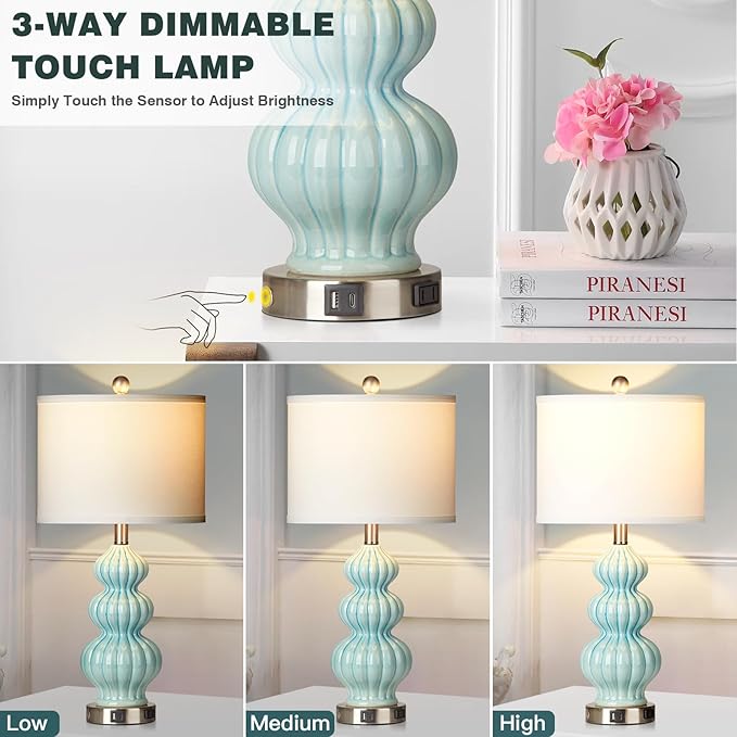 Ceramic Table Lamps Set of 2, Green Modern Bedside 26" Nightstand Lamp 3-Way Dimmable Lamp for Bedroom Living Room Contemporary, Side Table Lamp, Bulbs Included - Bloomnest