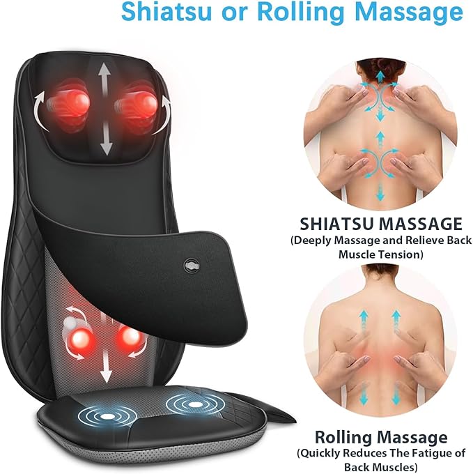 Shiatsu Neck & Back Massager with Heat, Massage Chair Pad Cushion for Stress Relief, Inflatable Flaps Back Support, Kneading or Rolling Chair Seat Massage - Bloomnest