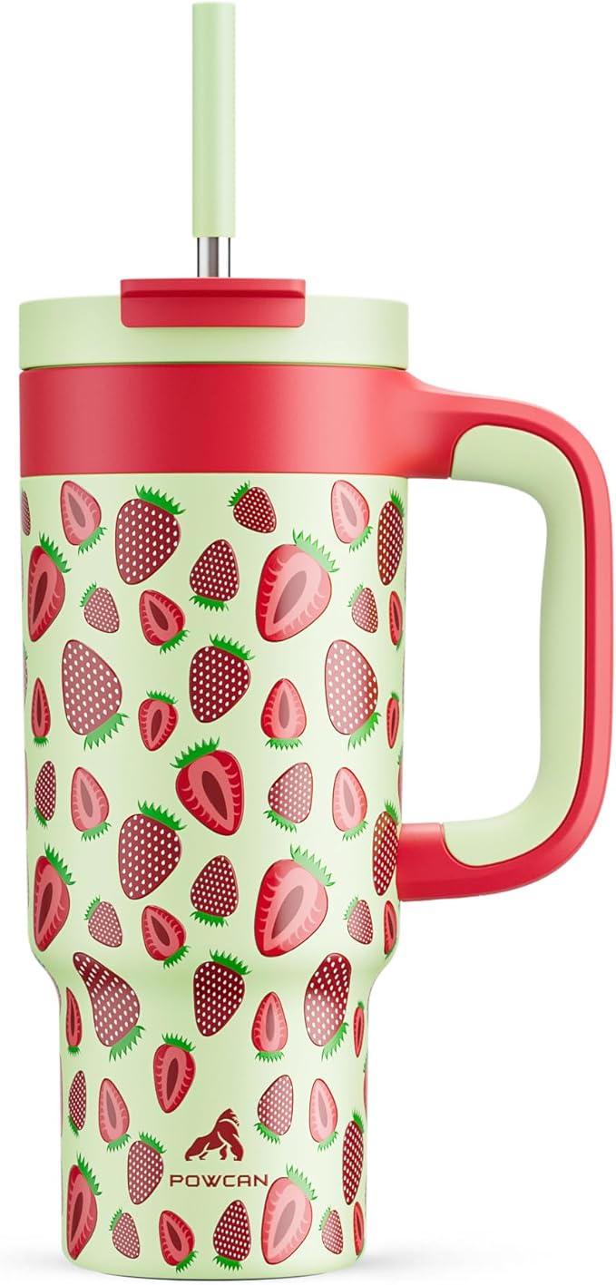 24 oz Metal Tumbler Cup for Girls: Easy Grip Handle, Leak-Proof when Sealed, Easy to Clean, Double Wall Vacuum Cup for Home, School, Daycare, Party, Picnic, Hiking, Travel, Gift (Strawberry Pop) - Bloomnest
