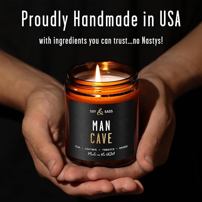 Man Cave Candle I Scented Black Candles for Men - Rich Teakwood & Tobacco Soy Wax Mens Candle - Infused w/Essential Oils | Masculine Manly Candles for Men I 50Hr Burn, 9oz I Non Toxic I Made in USA - Bloomnest