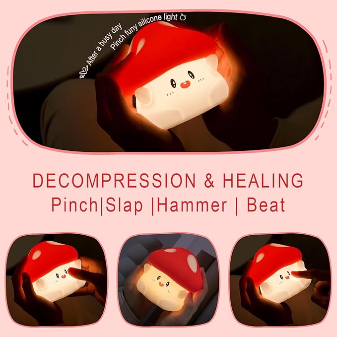 Mushroom Night Light, Cute Hug Mushroom Decor Lamp, Led Squishy Soft Silicone Night Lamp, Dimmable Rechargeable Portable Touch Nightlight for Kids Sleep, Nursery Room Cute Christmas Gifts - Bloomnest
