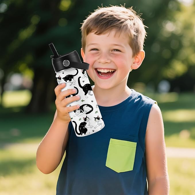 Cat Gifts for Kids - 16oz Cute Cow Cat Water Bottle with Straw Lid, Stainless Steel Insulated Tumbler, Leak Proof, BPA-Free, for Boys, Girls, School - Cow Cats Lovers Children Birthday Gifts Cups(1pc) - Bloomnest