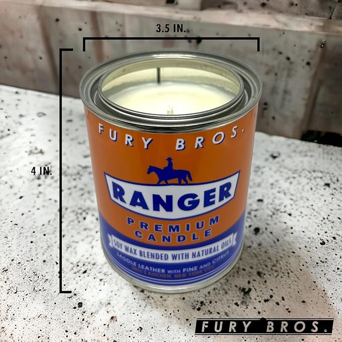 Fury Bros. Scented Candles for Men | Ranger | Saddle Leather Pine Citrus | Natural Soy Wax | Hand-Poured in The USA | Long 70-80 Hour Burn (12.5 oz) | Vintage-Inspired Tin Design | Dad Home Gift - Bloomnest