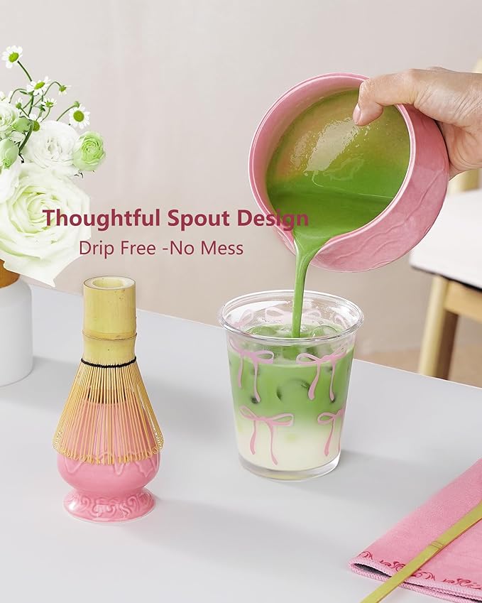 ZENS 7pcs Matcha Set, Matcha Whisk Set Includes Pink Bowl and Cup for Bamboo Whisk, (Chasen Holder), Scoop, 304 Sifter and Tea Mat, Pink Matcha Kit for Matcha Lovers - Bloomnest