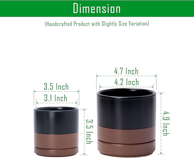 D'vine Dev 3.5 Inch & 4.7 Inch Ceramic Planter Pots for Plants with Drainage Hole and Saucer, X-Small Plant Pots Set, Black/Speckled Tan, 94-G-XS-7 - Bloomnest