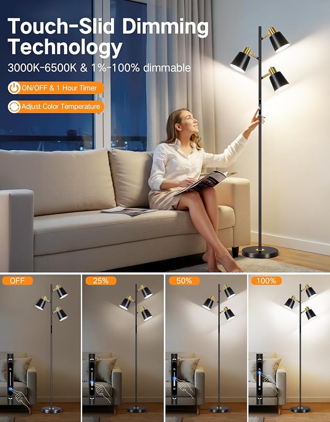 OUTON LED Tree Floor Lamp, Modern Dimmable Standing Lamp with Remote & Touch Control, 4 Color Temperatures, 3 Rotatable Lights Floor Lamps for Living Room, Bedroom, Office, Black & Gold - Bloomnest