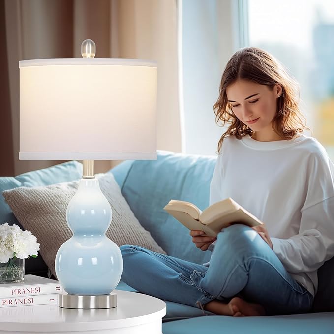 22" Double Gourd Ceramic Table Lamps Set of 2, Blue Modern Bedside Lamps for Living Room, Contemporary Nightstand Desk Lamps for Bedroom End Table Home Office Study Room Decor(2 LED Bulbs Included) - Bloomnest