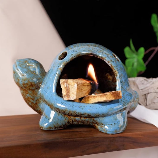 Blue Ceramic Turtle Palo Santo Burner - Mini Chiminea, Burns Palo Santo、Sage、Incense Cones, Doubles as Small Candle Holder for Energy Cleansing、Yoga、Meditation、Zen、Altar Aromatherapy MOUGIGI