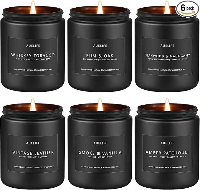 Scented Candles Set | Gifts for Men - 6Pack Candle Set - Masculine Candle, Soy Candles for Home Scented, Aromatherapy Gift - Fragrance of Smoke Vanilla/Leather/Mahogany/Tobacco/Oak/Amber Patchouli - Bloomnest