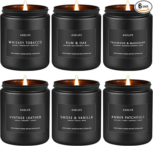 Scented Candles Set | Gifts for Men - 6Pack Candle Set - Masculine Candle, Soy Candles for Home Scented, Aromatherapy Gift - Fragrance of Smoke Vanilla/Leather/Mahogany/Tobacco/Oak/Amber Patchouli - Bloomnest