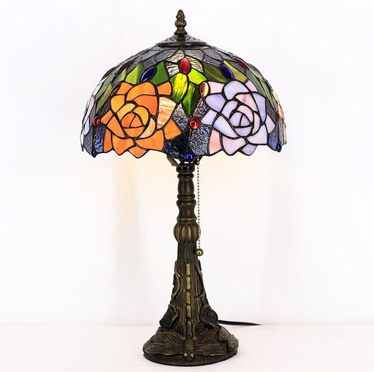 Tiffany Stained Glass Table Lamp 12X12X19 Inch Purple Orange Rose Flower Style Desk Bedroom Living Room Reading Light (Purple Orange Rose Flower) - Bloomnest