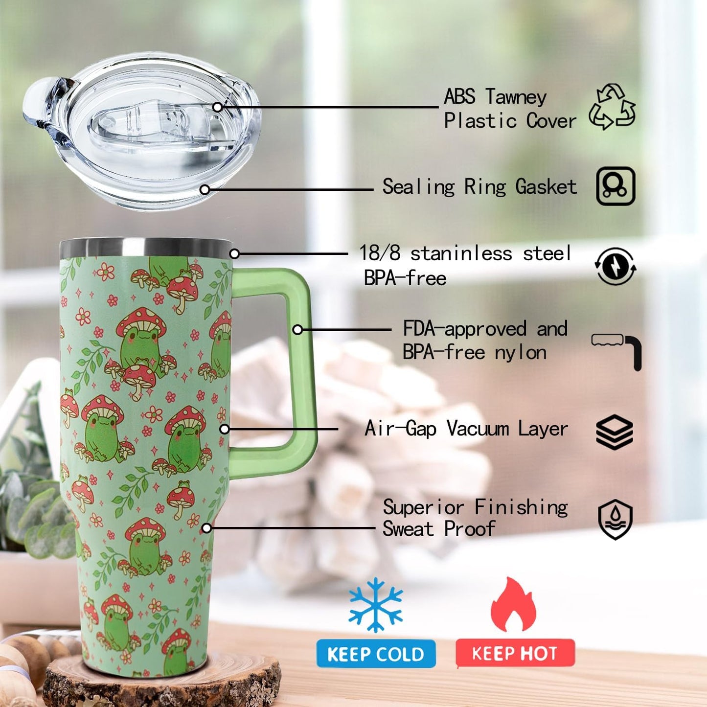 Ceovfoi 40 Oz Frog Tumbler With Handle, Green Coffee Travel Mug Cup and Water Bottle, Decor and Gifts for Women