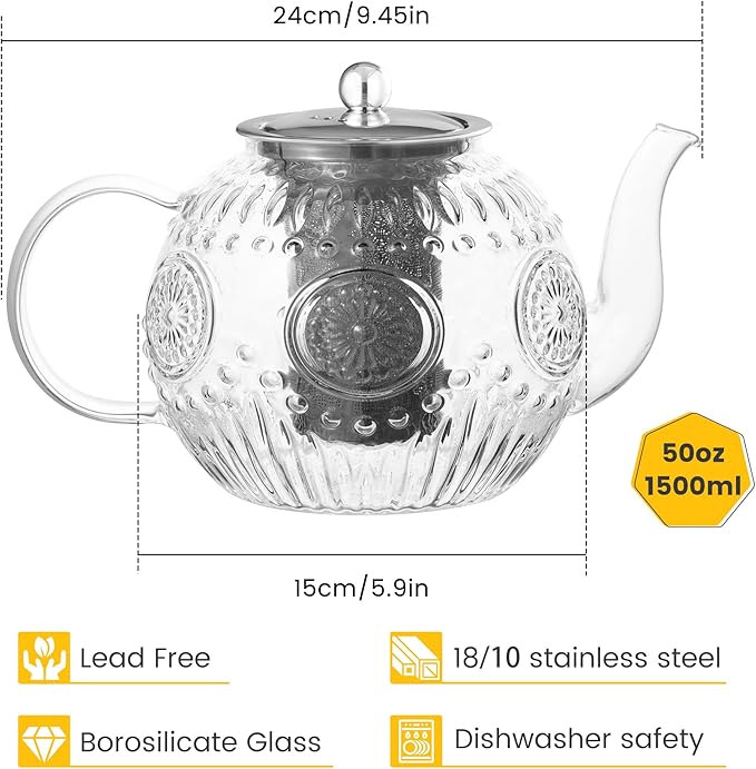 Amzcku 50OZ/1500ml Vintage Glass Teapot with Removable Infuser – Stovetop Safe, Borosilicate Glass Tea Kettle for Blooming & Loose Leaf Tea