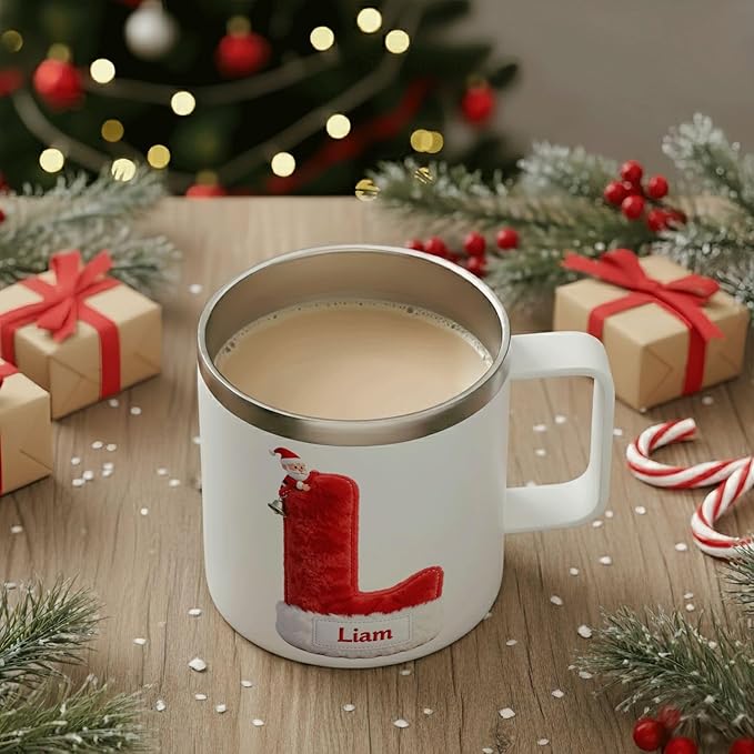Personalized Santa Hat Mug | Custom Initial Insulated Christmas Coffee Cup with Handle & Lid | 12oz Holiday Tumbler, Cute Stocking Stuffer Gift for Kids & Family (B13) - Bloomnest