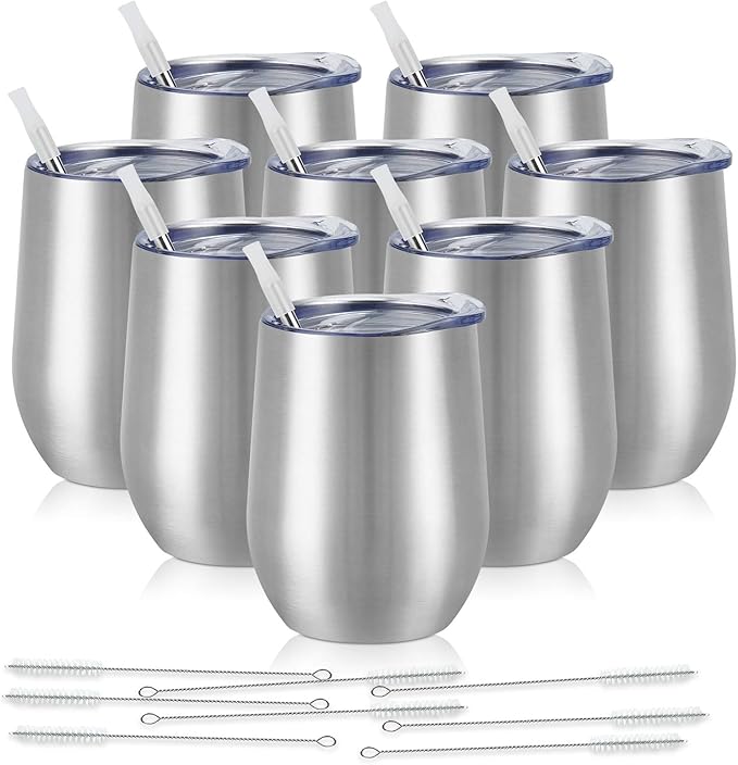 8 Pack 12Oz Stainless Steel Wine Tumblers, Insulated Wine Tumbler, Double Wall Insulated Wine Glass, Stainless Steel Stemless Wine Cups with Lids for Coffee, Wine, Cocktails, Champaign, Silver - Bloomnest