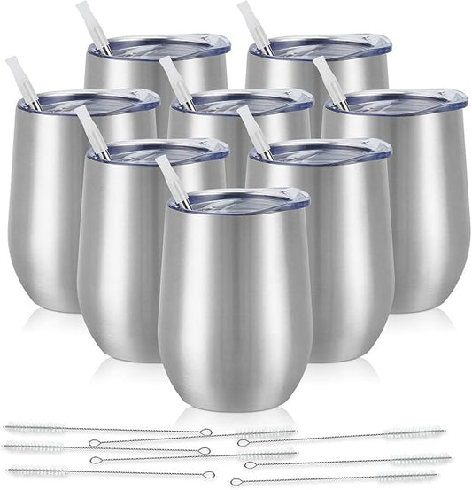 8 Pack 12Oz Stainless Steel Wine Tumblers, Insulated Wine Tumbler, Double Wall Insulated Wine Glass, Stainless Steel Stemless Wine Cups with Lids for Coffee, Wine, Cocktails, Champaign, Silver - Bloomnest