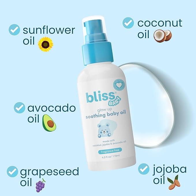 Bliss Baby Oil, All Natural, Premium & Unscented, Vegan - Made with Organic Avocado Oil, Coconut Oil, Dermatologist Tested, Soothing & Hydrating Baby Massage Oil, Travel Size 4 fl. Oz. - Bloomnest