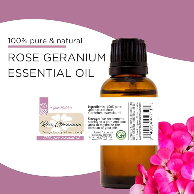 GreenHealth Rose Geranium Essential Oil - 4 fl oz Amber Glass Bottle - 100% Pure Essential Oil Greenals