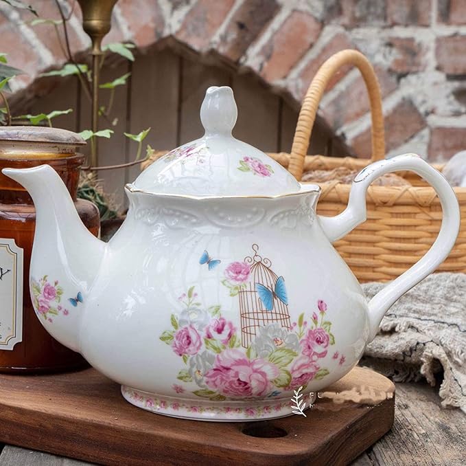 YBK Tech Strengthen Porcelain Coffee Pot Ceramic Teapot- Pink Rose (Teapot+ 2 sets of cup and saucer) - Bloomnest
