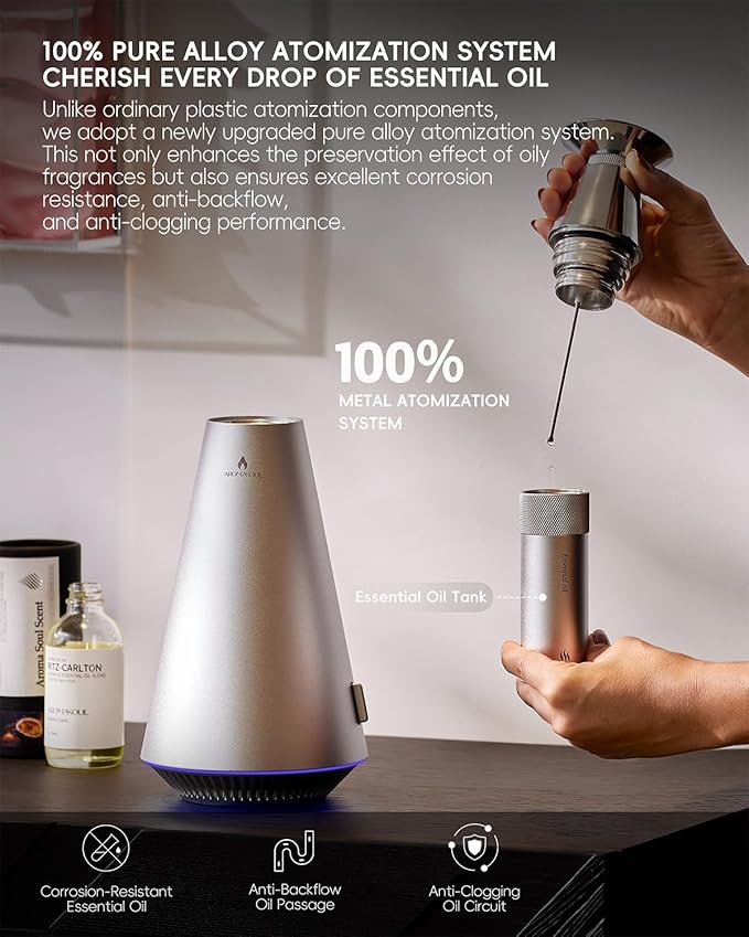 Waterless Scent Diffuser Starter Kit - 1500 Sq Ft Coverage, Alloy Atomization System,Mood Light,Smart Rechargeable Hotel Scent Diffuser, Including 120ml Essential Oil, for Home,Large Room,Spa,Silver - Bloomnest