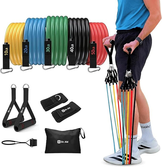 Dr. Aid Resistance Bands Set – 5 Stackable Workout Bands with Handles, Pure Latex, High Elasticity & Tear Resistant – Smell-Free Full-Body Exercise Bands for Rehab, Basic Training & Strength Workouts - Bloomnest