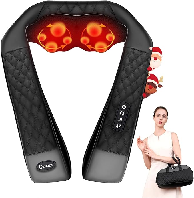 Neck Massager with Heat, Shiatsu Neck and Back Massager, 4D Deep Tissue Kneading for Neck,Back,Shoulder, Body Muscle Pain Relief, Leather Handbag for Storage, Gift for Men Women Mom Dad, Plug-in Use