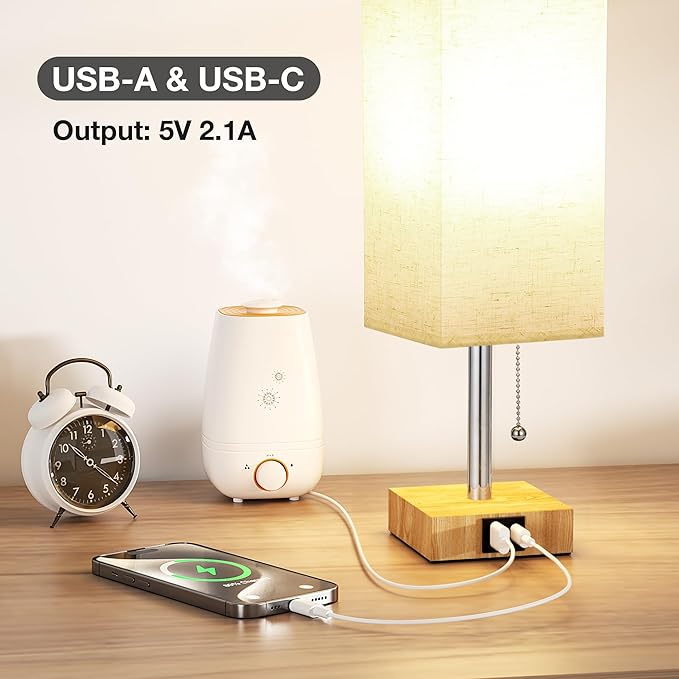 aooshine Beige Small Table Lamp for Bedroom - 3 Color Temperature 3000K 5000K 4000K Bedside Lamp, Pull Chain Control, USB A and C Ports, Wood-Grain Base, Bulb Included - Bloomnest