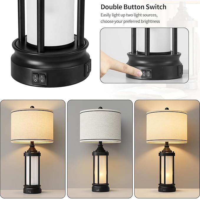 25'' Table Lamps for Bedroom Living Room Lamps Set of 2 Farmhouse Nightstand Bedside Lamps with USB Ports, Built-In Frosted Glass Night Light Industrial Metal Night Stand Lamp, Bulbs Included, Black - Bloomnest