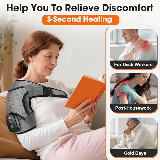 Cordless Shoulder Heating Pad, Shoulder Massager for Pain Relief Deep Tissue, Heated Shoulder Wrap with Heat and Massage for Men Women, Rotator Cuff Pain Shoulder Brace, Grey - Bloomnest