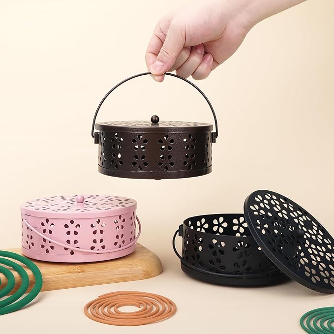 Portable Mosquito Coil Holder with Handle Round Heat-Resistant Iron Incense Coil Holder (Bronze) - Bloomnest