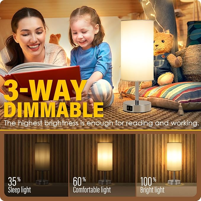 Yarra-Decor Bedside Lamps with USB Port - Touch Control Table Lamp for Bedroom 3 Way Dimmable Nightstand Lamp Set of 2 with Round White Fabric Shade for Living Room, Dorm, Home Office (White, 2 Pack) - Bloomnest
