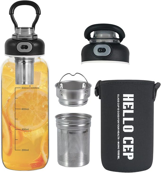 34oz Glass Water Bottle with capacity Mark & Stainless Steel Tea Strainer-Large Capacity for Hot/Cold Drinks,Coffee,Tea,and Water-Includes Protective Sleeve,Perfect for Home,Office (34oz) - Bloomnest