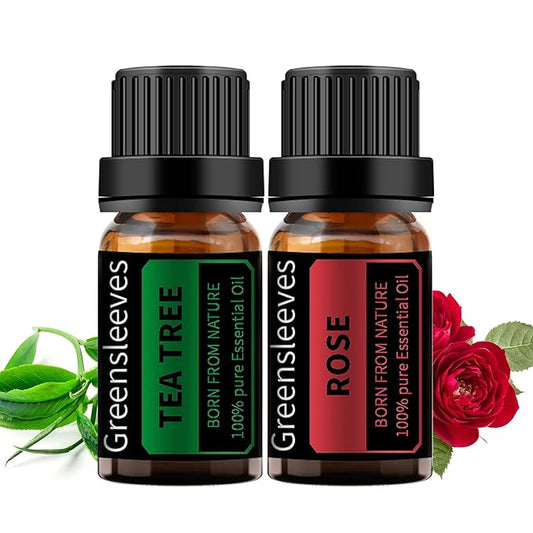 GREENSLEEVES Rose and Tea Tree Essential Oil Set, 2 x 10ml Pure Plant-Based Fragrance Oil for Aromatherapy, Essential Oils for Diffuser, Massage, Bath Bomb, Scented Candle Soap Making GREENSLEEVES
