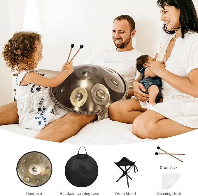 Handpan Drum 22 Inches D Minor Kurd, 432Hz 10 Notes Hand Drum Instrument, Premium Steel Drum, Handpan Instrument for Adults (Gold) - Bloomnest
