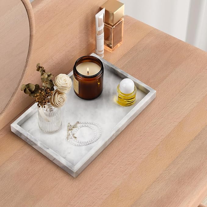 Real Natural Marble Tray for Bathroom, Vanity, Kitchen and Desktop, Rectangle Genuine Marble Stone Tray for Jewelry, Cosmetics, Candles, Lotion, Perfume and Home Decor - Bloomnest