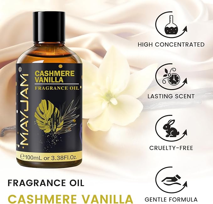 Cashmere Vanilla Fragrance Oil Essential Oil, MAYJAM 3.38FL.OZ Cashmere Vanilla Oil for Diffusers for Home, Long Lasting Scented Oils for Soap Candle Making - 100ML MAYJAM