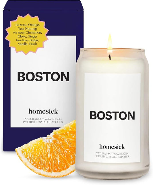 Homesick Scented Candles for Home (Boston) - 13.75 oz Long-Lasting Soy Wax Jar Candle for Women & Men for All Occasions, 60-80 Hours Burn Time - Notes of Orange, Tea & Nutmeg - Bloomnest
