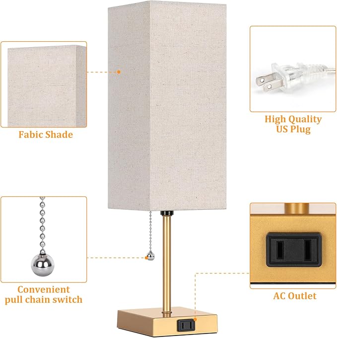 Table Lamp for Bedroom set of 2,3-Color Bedside Lamps with Pull Chain Table Lamps for Nightstand with AC Outlets,18'' Night Light Lamps with 2 Bulbs Lamps for Living Room Kids Office Decor（Glod） - Bloomnest