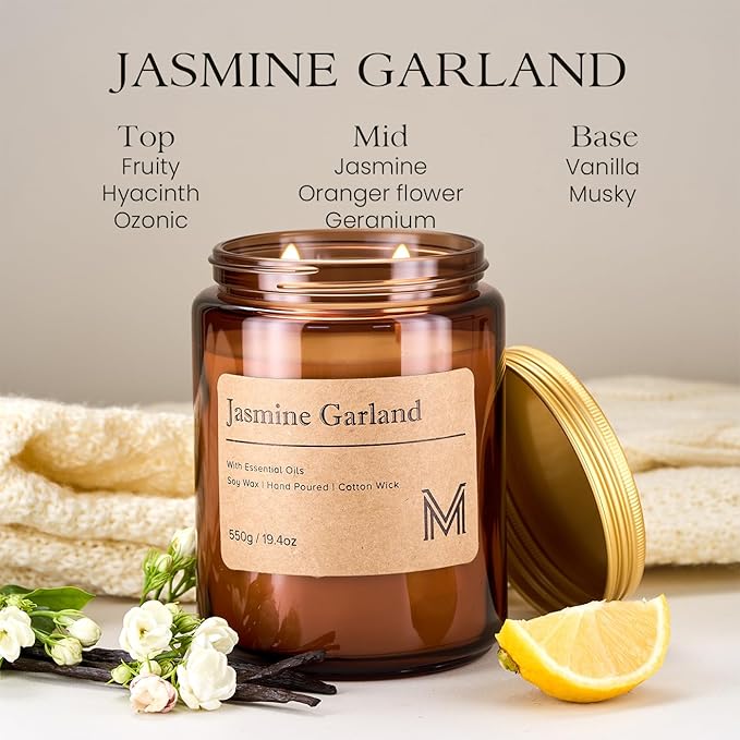 M&SENSE Jasmine Garland Home Scented Candle | 19.4oz, 115-Hour Burn | Natural Organic Soy Wax | Long-Lasting for Stress Relief and Gifting | for Bedroom，Relaxing SPA，Office - Bloomnest