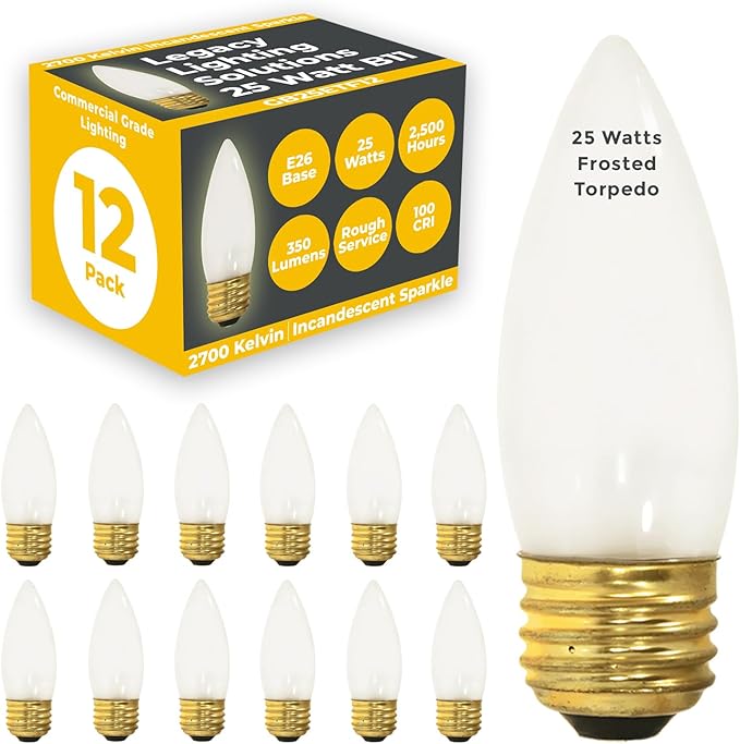 GoodBulb 25-Watt Incandescent Torpedo Light Bulbs B10 Frosted Finish Medium E26 Base 2700K Warm White Color Dimmable 175 Lumens Pack of 12 Bulbs - Bloomnest