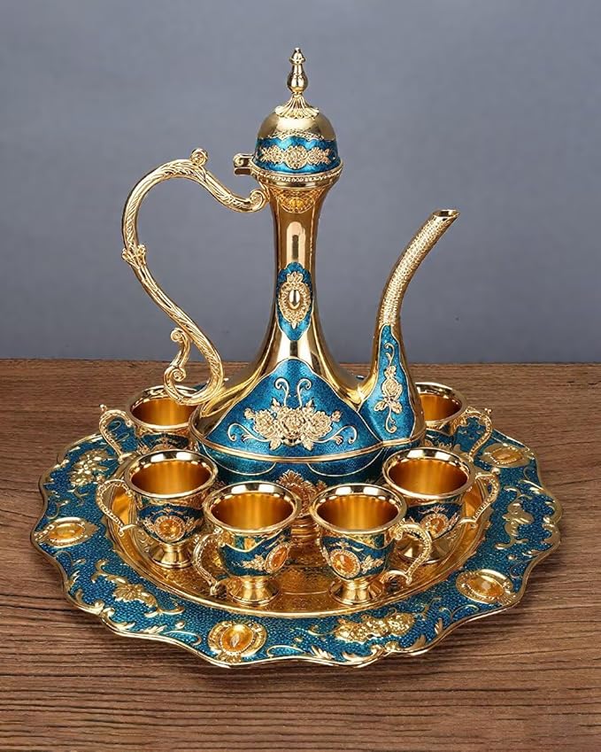 Large Vintage Turkish Coffee Pot Set Coffee Service Set Teapot Sets for Adults Home Party Decor Golden Blue