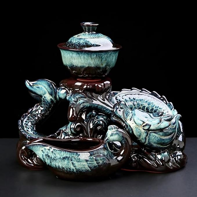 Chinese Gongfu Tea Set Ceramic Teapot with Infuser, 8 Cups, Semi Automatic Dragon Design for Loose Leaf Tea