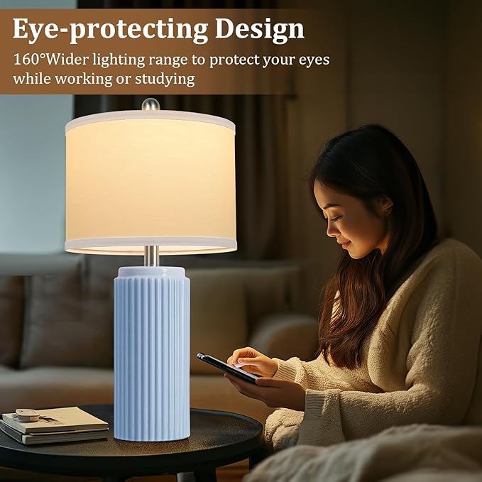 23.5’’ Sky Blue Farmhouse Table Lamps for Living Room Set of 2, Modern Elegant Ceramic Bedside Nightstand Lamps with White Linen Shade for Bedroom, Coastal Lamps Set for Study Home Office - Bloomnest