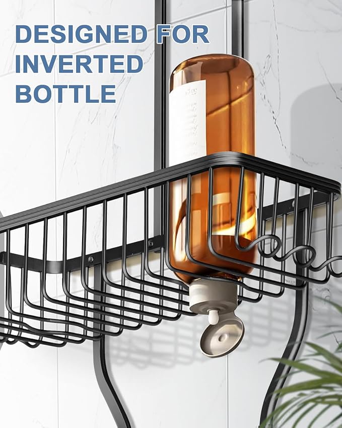 Shower Caddy Hanging - Never Rust Shower Hanging Organizer - Aluminum Over the ShowerHead Caddy with Soap Basket and 6 Hooks for Razor/Sponge (Black) - Bloomnest