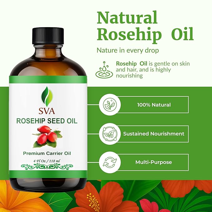 SVA Rosehip Seed Oil - 4 Fl Oz – 100% Natural & Cold Pressed - for Face, Skin Care, Hair Care, Scalp Massage & Body Massage – Carrier Oil with Dropper - Bloomnest