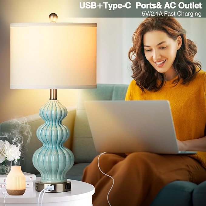 Ceramic Table Lamps Set of 2, Green Modern Bedside 26" Nightstand Lamp 3-Way Dimmable Lamp for Bedroom Living Room Contemporary, Side Table Lamp, Bulbs Included - Bloomnest